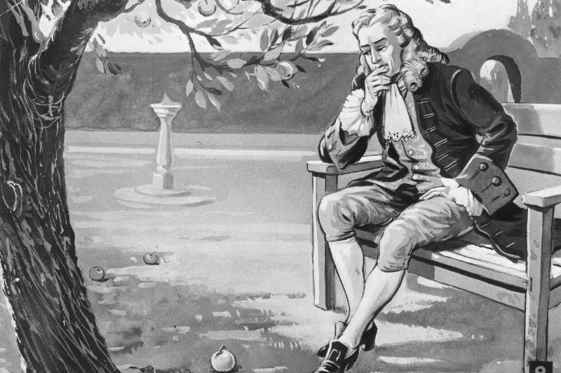 A 1665 artwork shows Isaac Newton sitting under an apple tree and thinking.