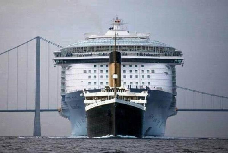 a huge ship behind a titanic replica 