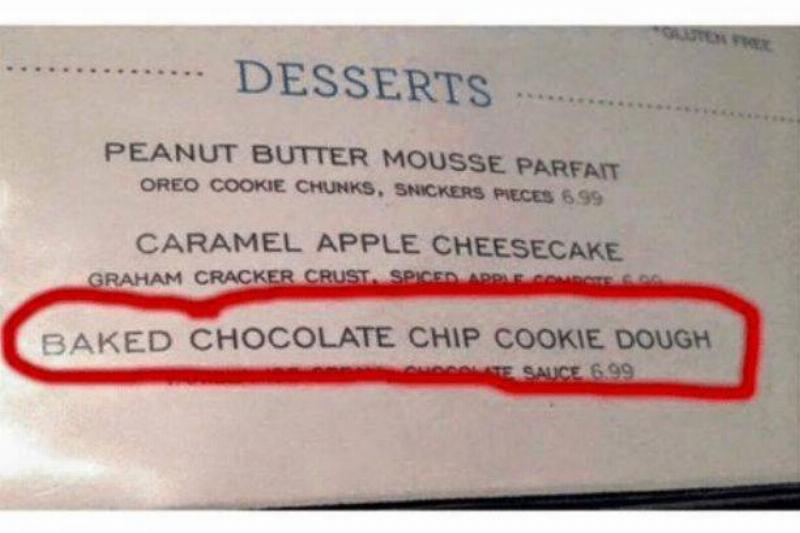 menu offers 'baked chocolate chip cookie dough'