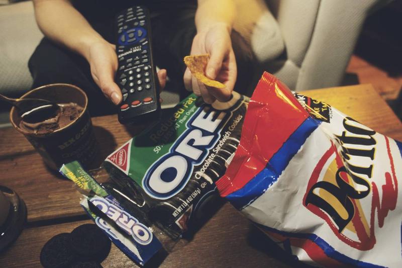 Junk Food Meal in Front of Television