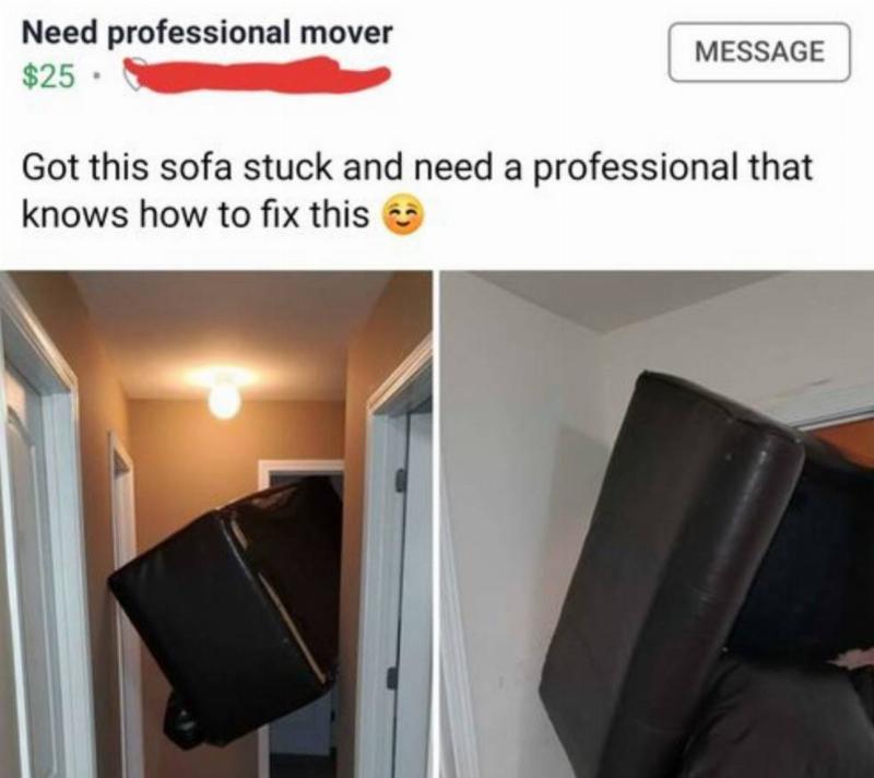 person who got sofa stuck in a doorway puts up facebook marketplace listing for someone with professional moving experience