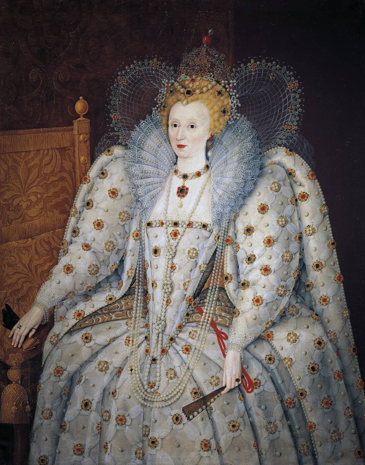 An oil painting depicts an English queen.