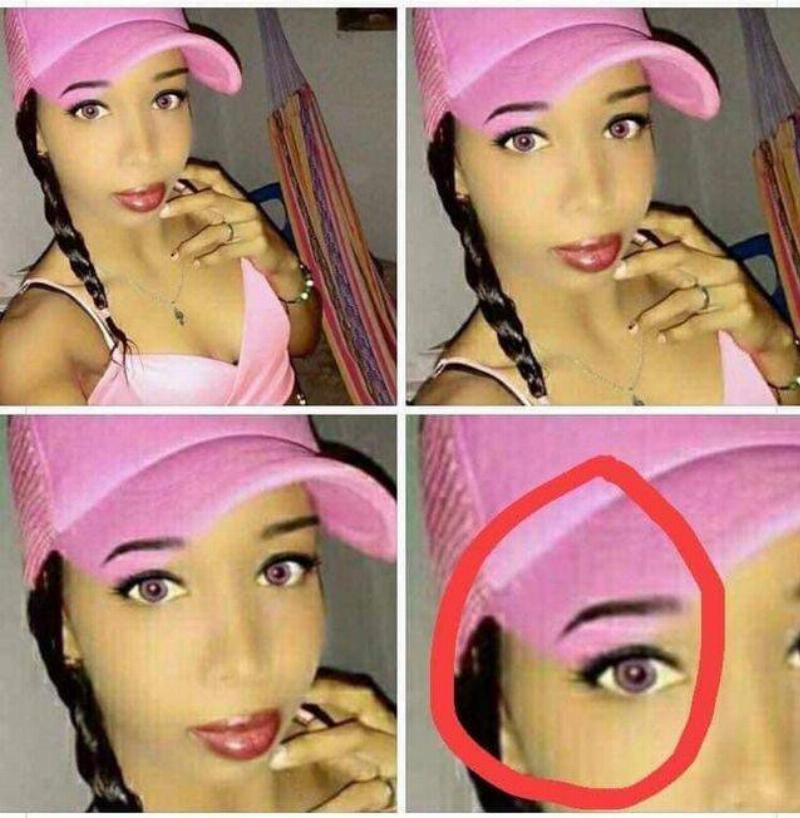 photoshopped eyebrows over baseball hat brim