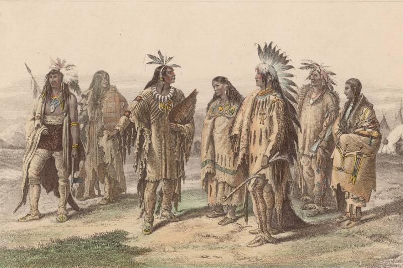 An illustration shows Native Americans from multiple different tribes, 1800.