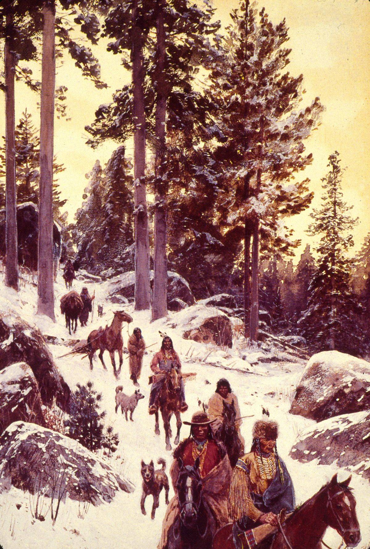 In 1894, a party of Native Americans travel through the snow.