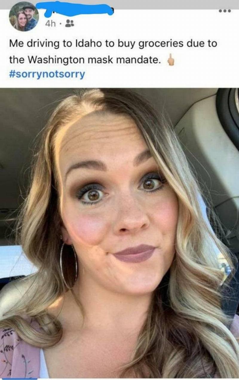 Woman looking in camera with text saying she's going to another store because of mask mandates.