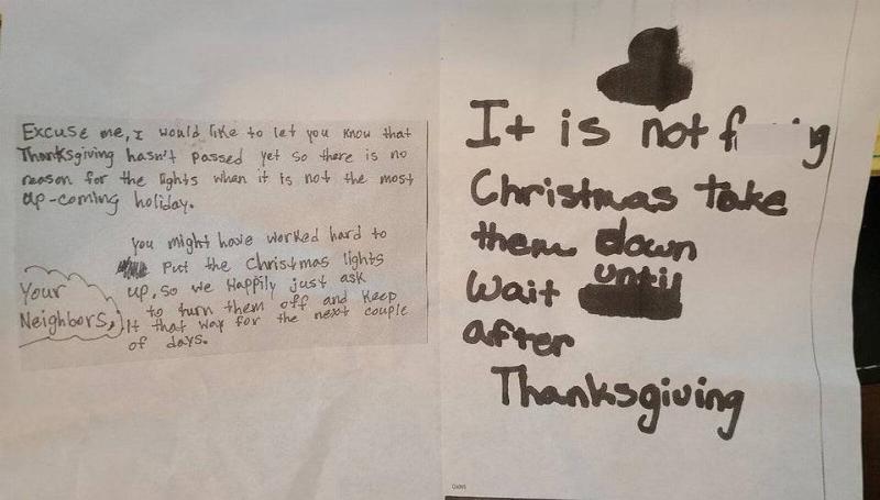 Handwritten note asking for Christmas lights to be taken down. 