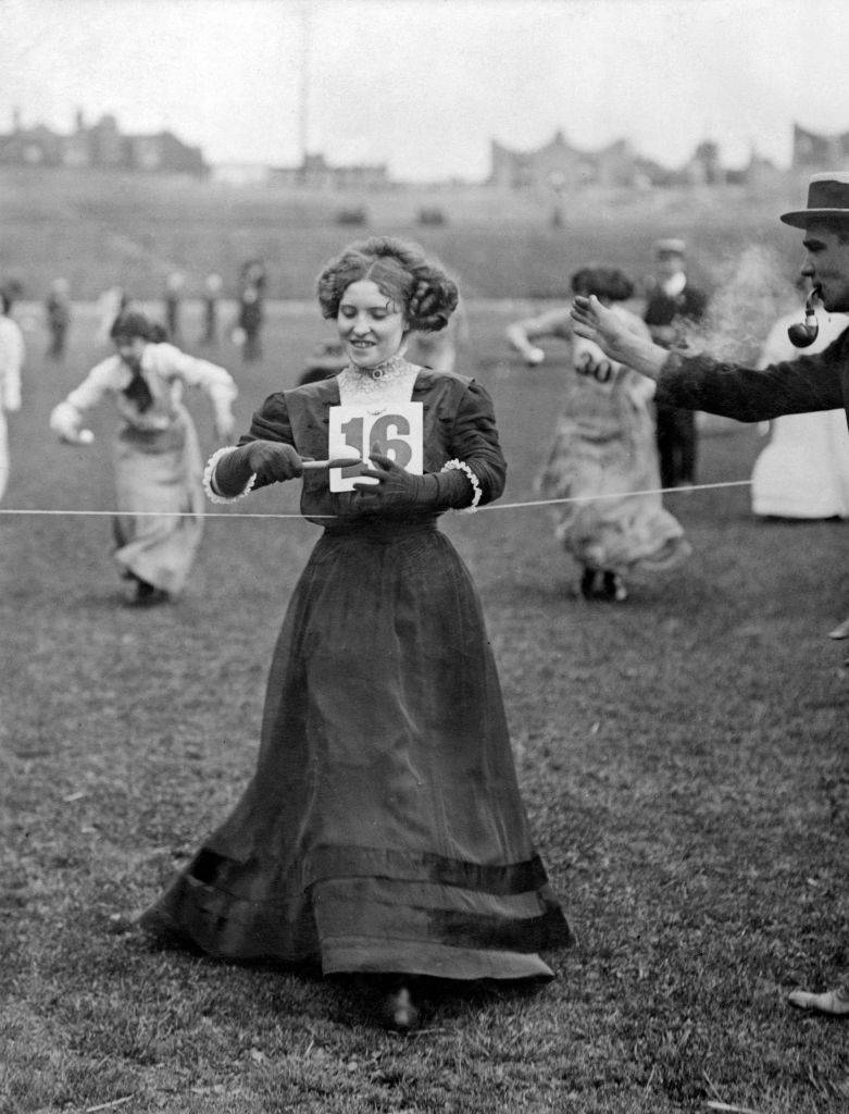 Miss E Barnwell wins the egg and spoon race at a theatrical sports meeting