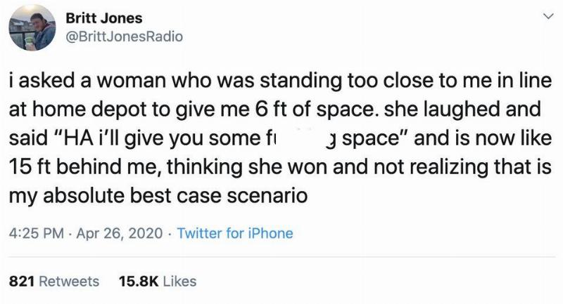 Tweet saying they asked a woman to move at least 6 feet away in a store 