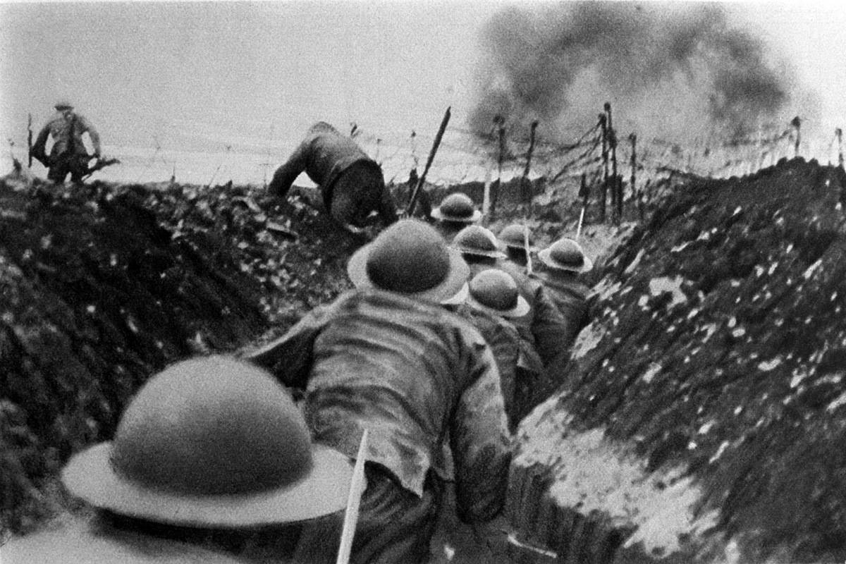 Soldiers of the English infantry run out of a trench during the Battle of the Somme in World War I.