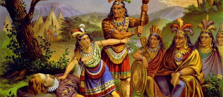A graphic depicting Pocahontas saving the life of Captain John Smith.