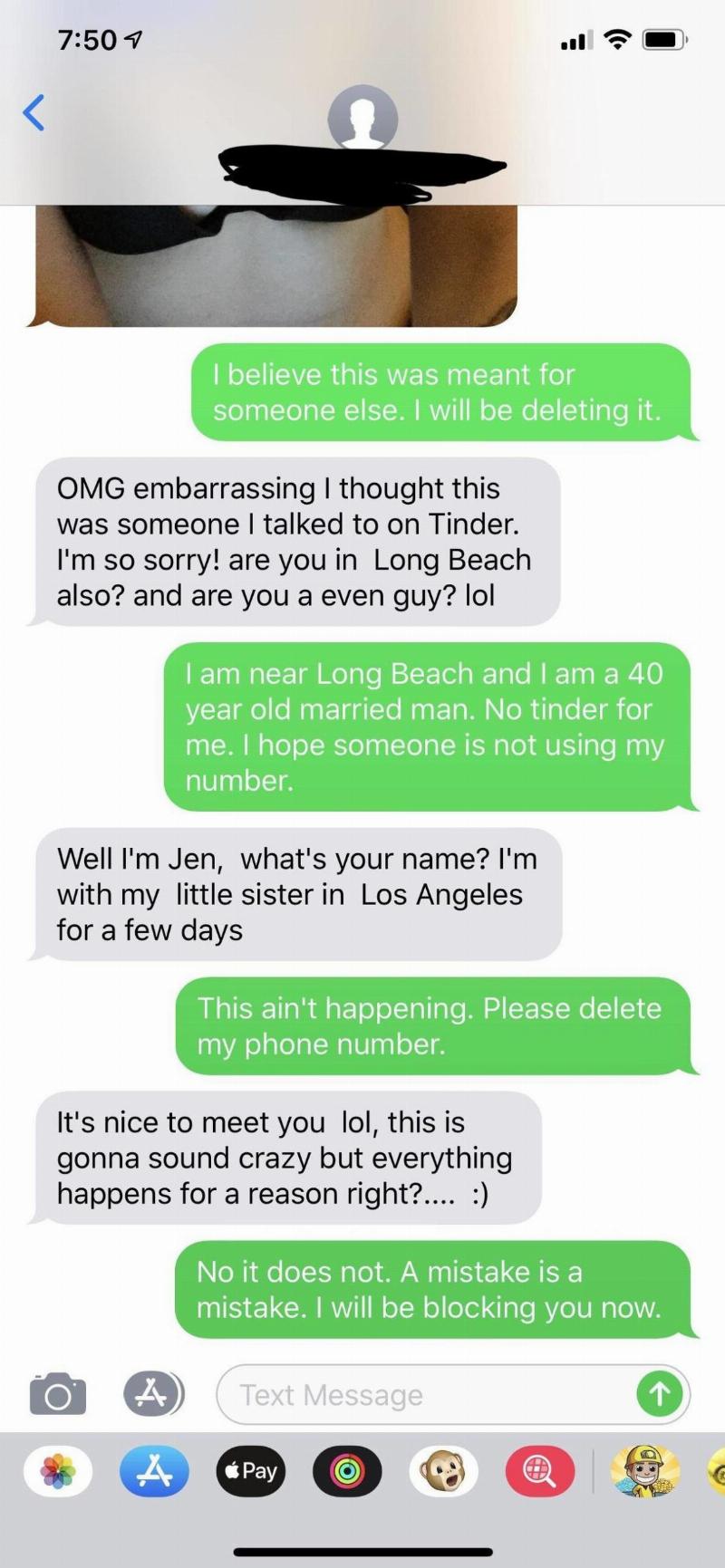 Text conversation where woman thinks she's texting someone from Tinder