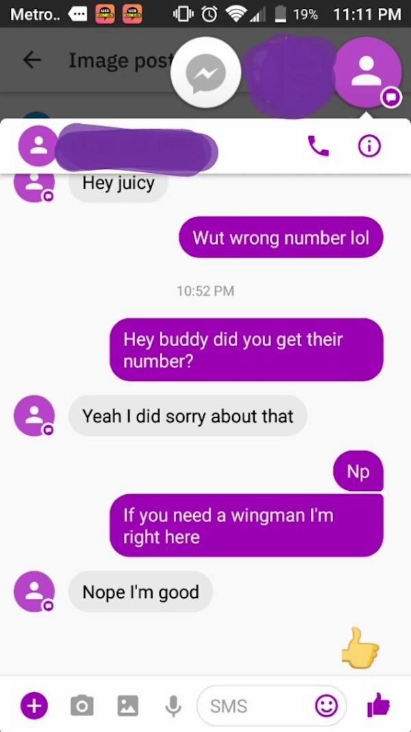 Wrong number text and man volunteers to be wingman