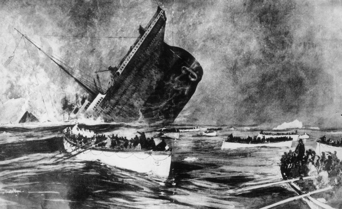 A black-and-white artist's depiction of the sinking of the Titanic. 