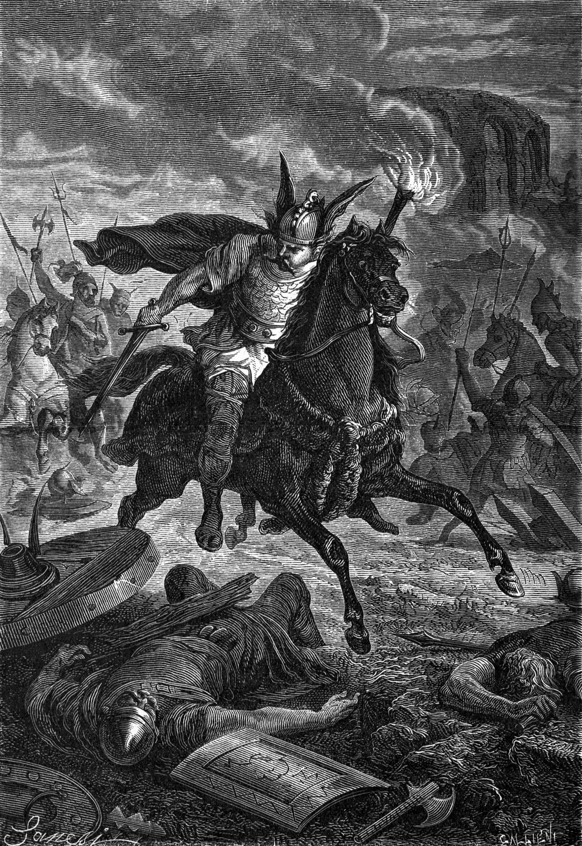 Engraving of Attila the Hun on Horseback Burning Townships Throughout Italy