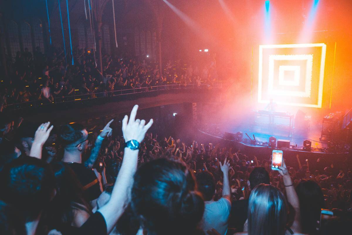 People at concert with arms raised 