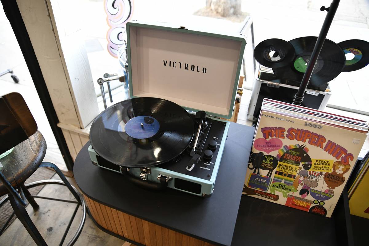 A turntable in the Licorice Pizza Records store