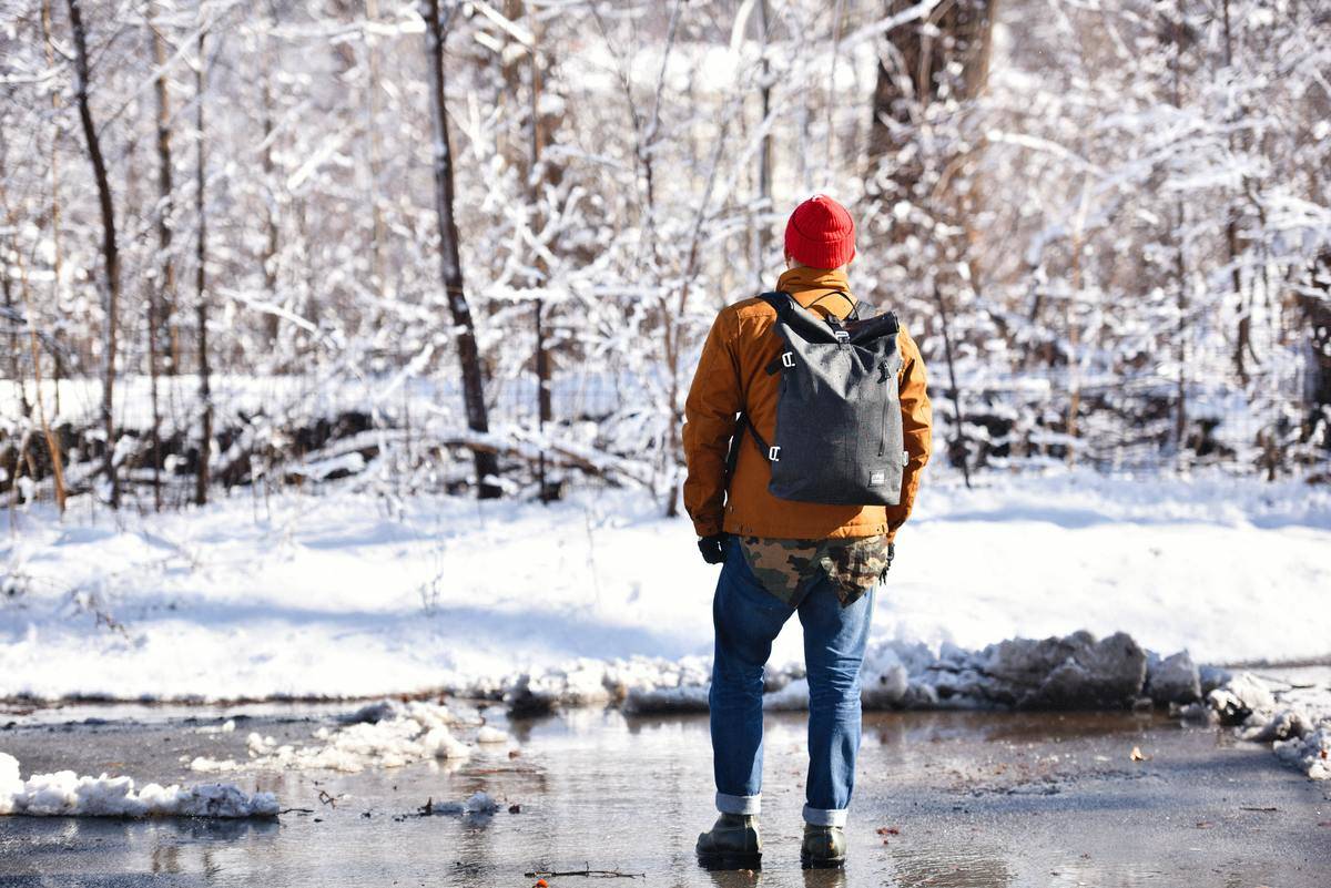 Man wearing grey backpack stands with back facing camera looking at winter forest