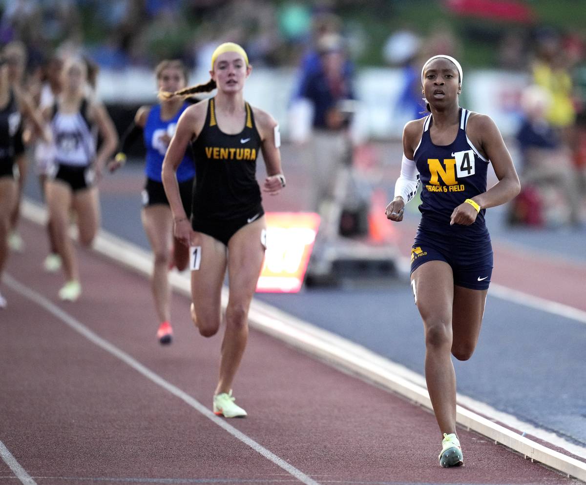 Mackenzie Browne of North wins the girls 800 meter run with a time of 2:08.66 during the 102nd CIF State Track and Field Championships at Veterans Memorial Stadium 