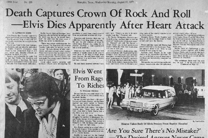 View of the front page of the Commercial Appeal newspaper the day after the death of American rock and roll singer Elvis Presley, Memphis, Tennessee, August 17, 1977. The main headline reads 'Death Captures Crown of Rock and Roll--Elvis Dies Apparently After Heart Attack.'