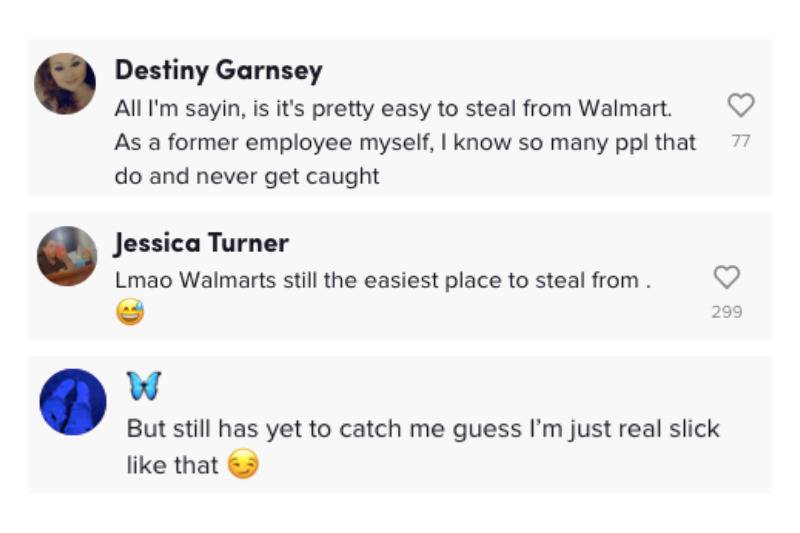 Comments from TikTok about stealing from Walmart