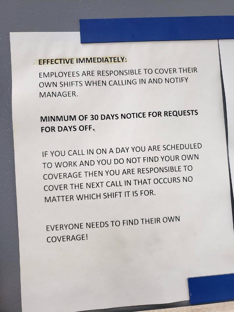 Note left at schedule in workplace