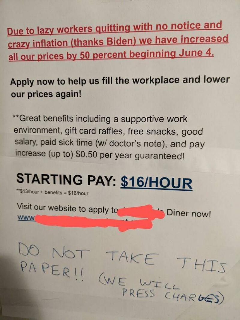 Note posted at local diner about lazy workers