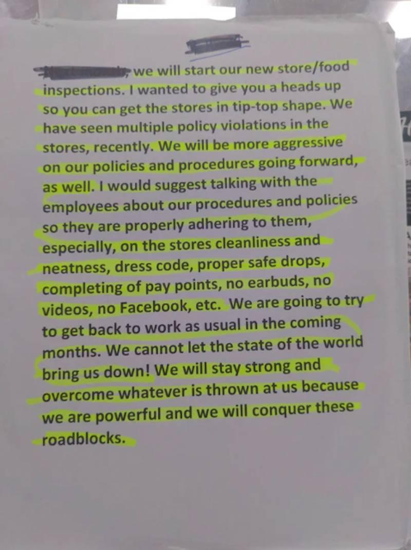 Not about employees and rules for staff at retail store