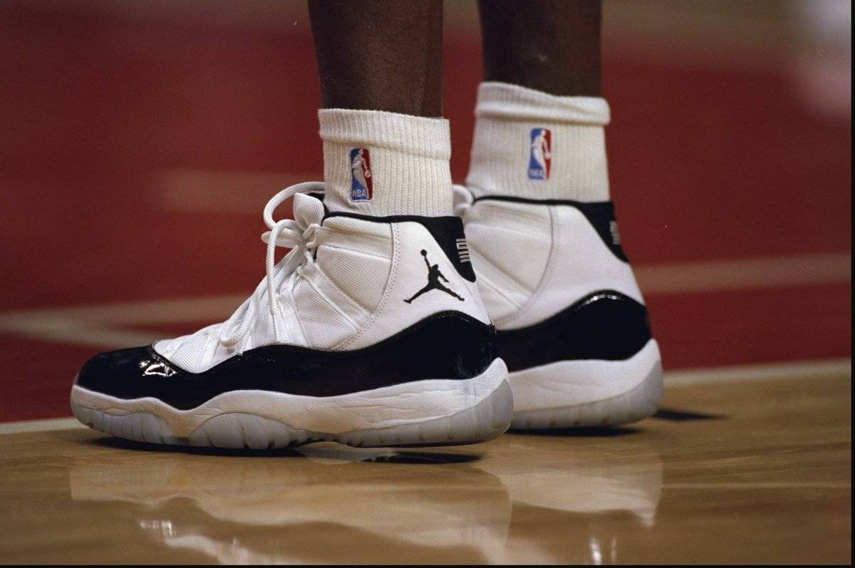 A close-up shot of Air Jordans as they appear on the court during the game between the New York Knicks and the Chicago Bulls at the United Center in Chicago, Illinois.