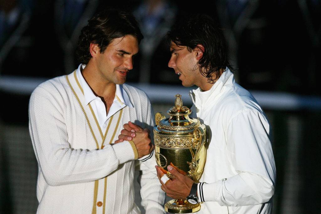 Roger Federer of Switzerland congratulates Rafael Nadal of Spain at Wimbledon