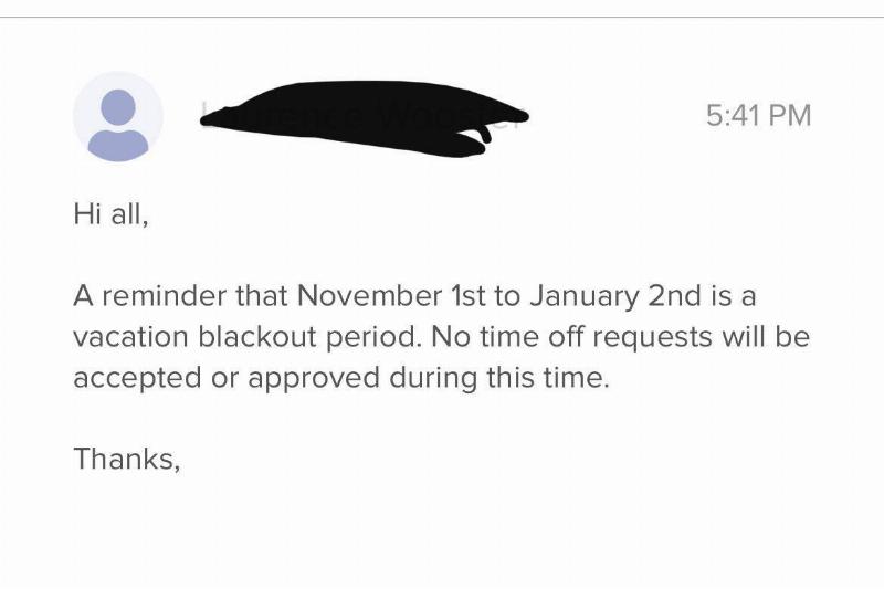 Vacation blackout period email from boss