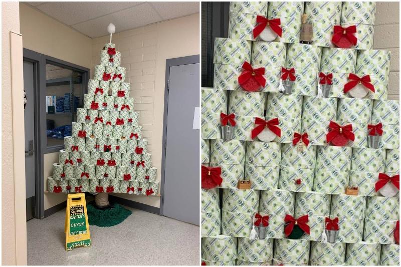 Christmas tree made out of toilet paper rolls and toilet brush