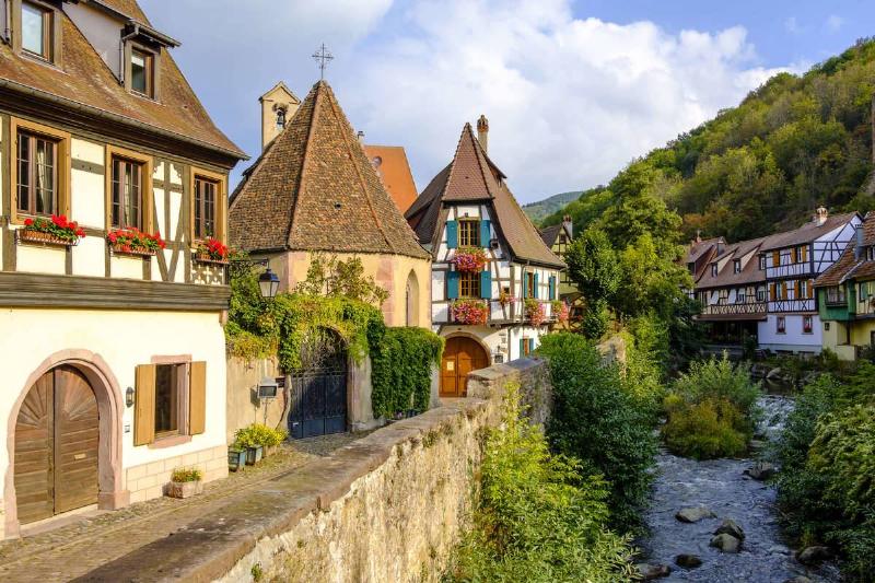 Beautiful, traditional half-timbered houses, decorated with...