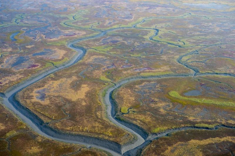 Aerial view of rivers on the flight from Anchorage to Lake...