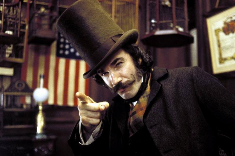 Daniel Day-Lewis pointing in top hat as Bill The Butcher Cutting in Gangs of New York