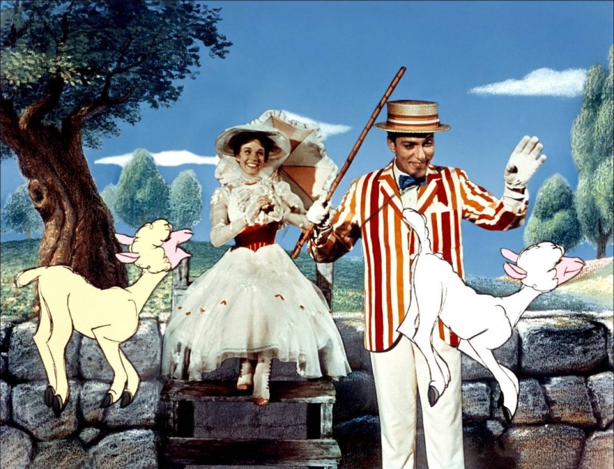 Julie Andrews and Dick Van Dyke frolixking as Mary Poppins and Burt amid cartoon sheep