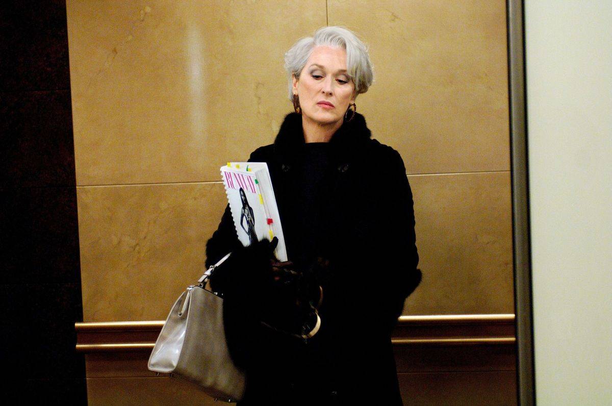 Meryl Streep standing in elevator as Miranda Priestly in The Devil Wears Prada