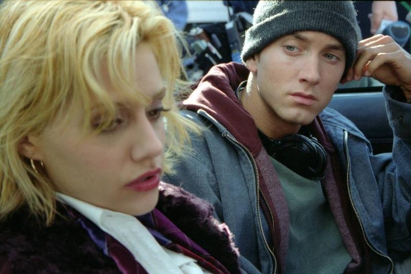 Eminem looking at Brittany Murphy as Jimmy 'B. Rabbit' Smith and Alex in 8 Mile