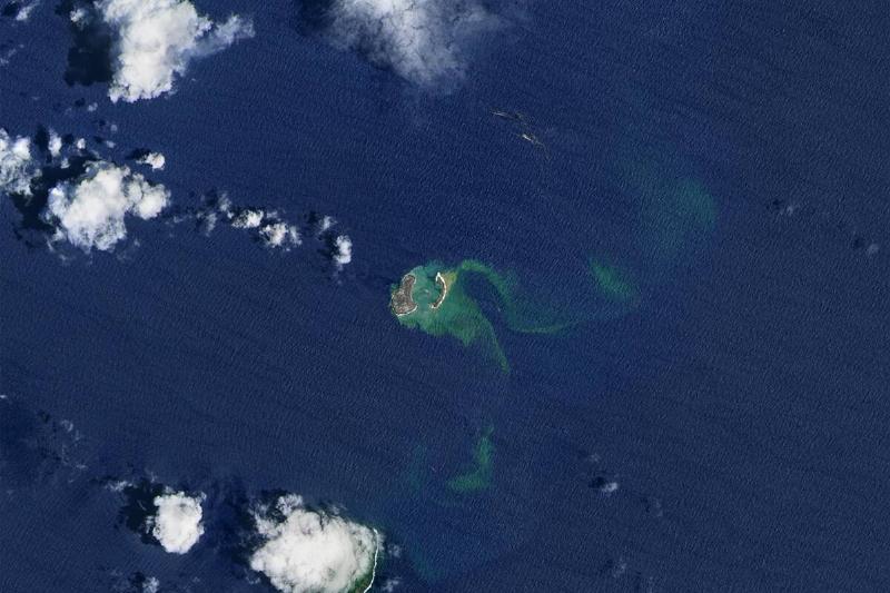 A aerial view of the submerged Fukutoku-Okanoba volcano, forming a new island near Sou