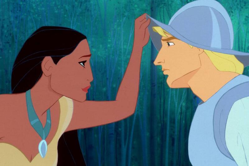 Pocahontas touching John Smith's helmet