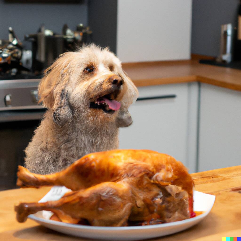 DALL·E 2023-06-06 10.10.14 - A fluffy dog looking excitedly at a roast chicken that is sitting on a kitchen table