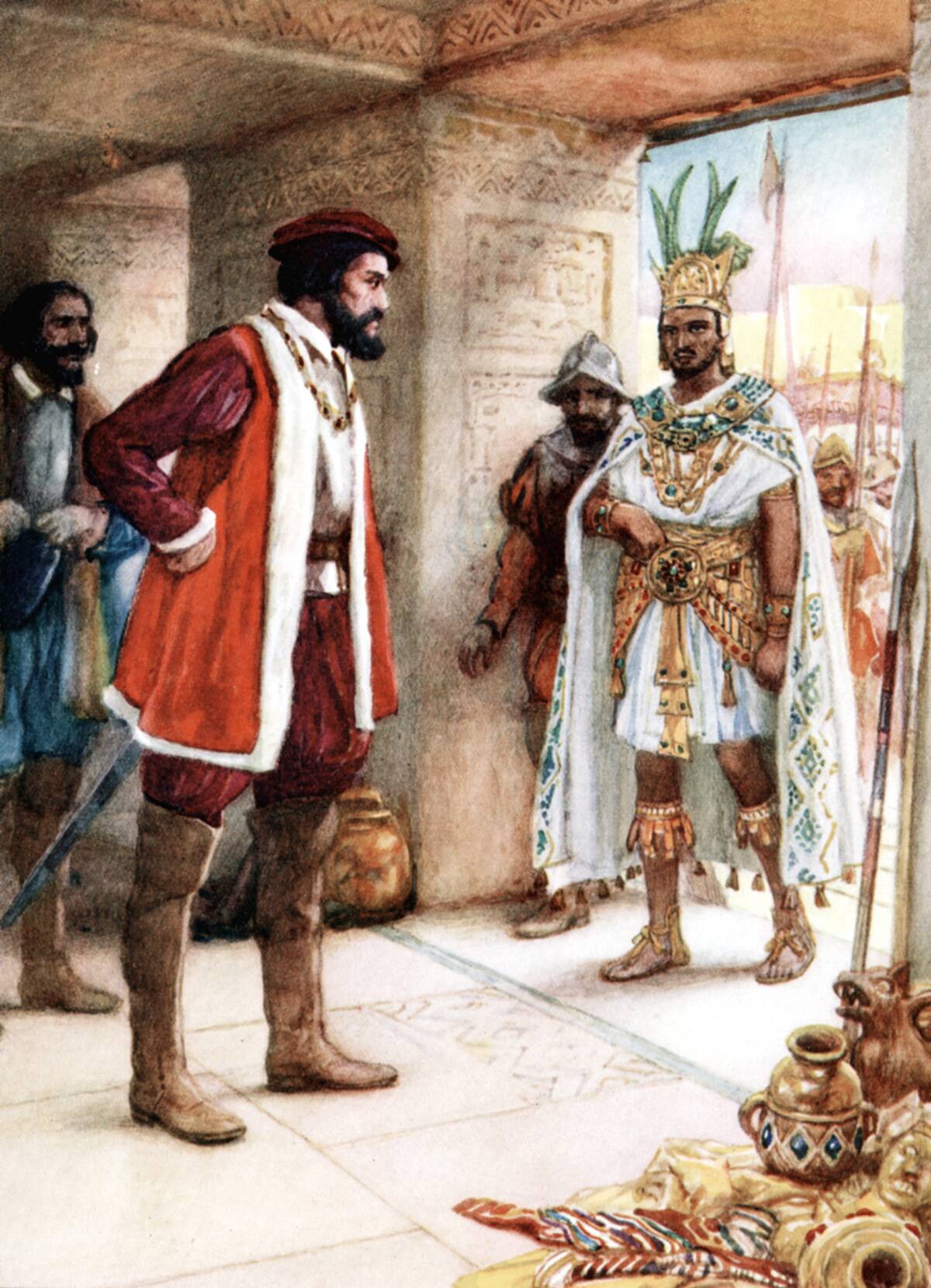 Hernan Cortes meeting the Aztec Emperor Montezuma, 1519.