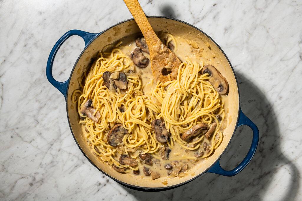 Chicken Tetrazzini with mushrooms and spaghetti