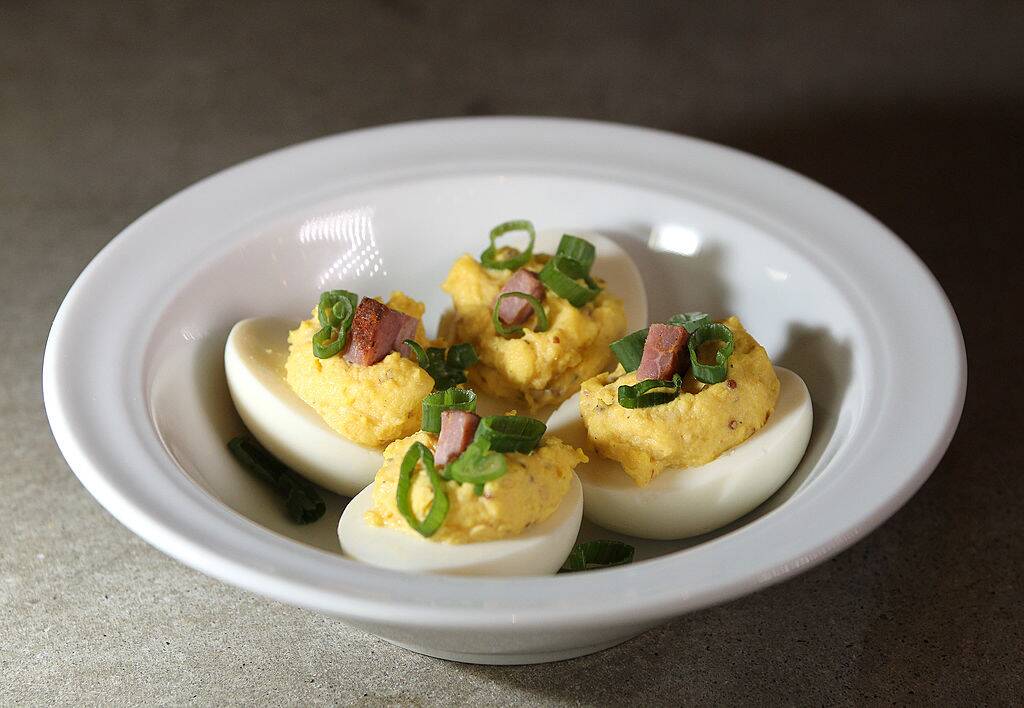 deviled eggs with scallion and ham