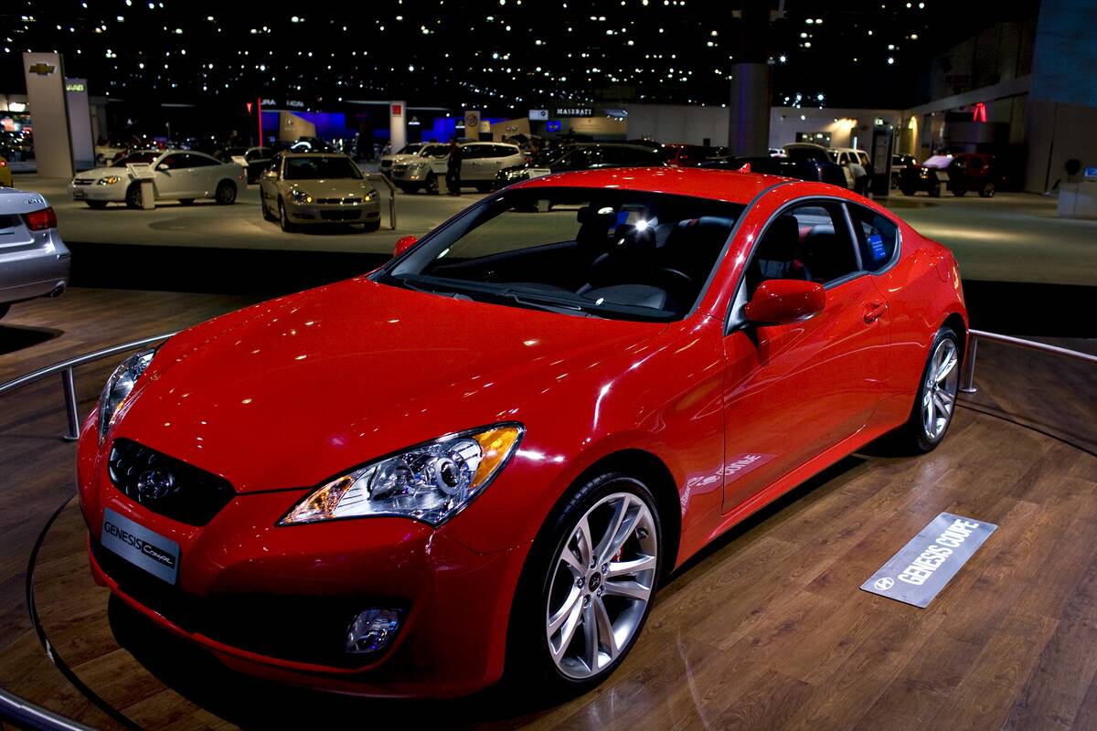 The 2009 Hyundai Motor Co. Genesis coupe sits on display at