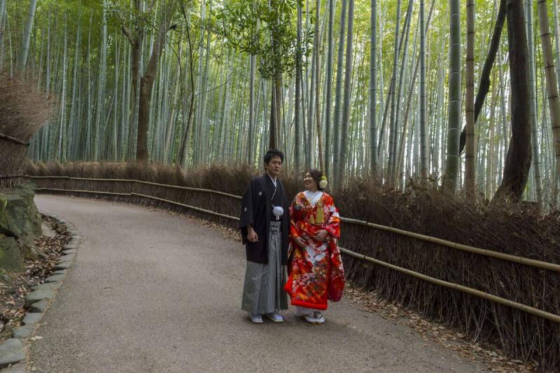 A Japanese bride and groom on the path through the bamboo...