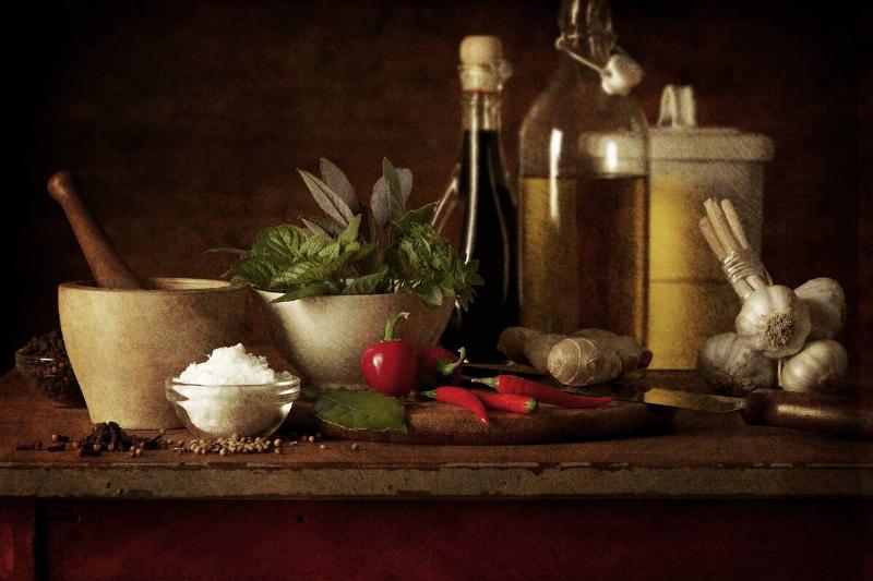 Selection of spicey ingredients and herbs used in cooking...