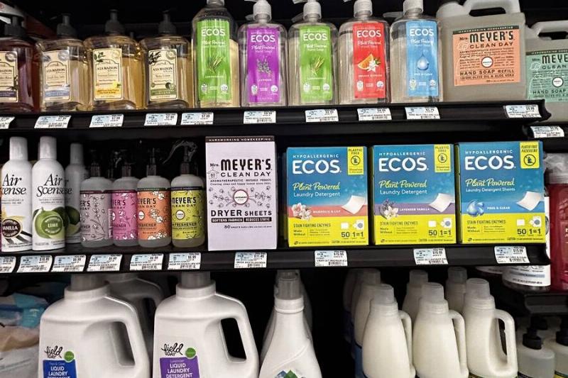 Variety of environmentally safe cleaning products in Organic food store, Queens, New York