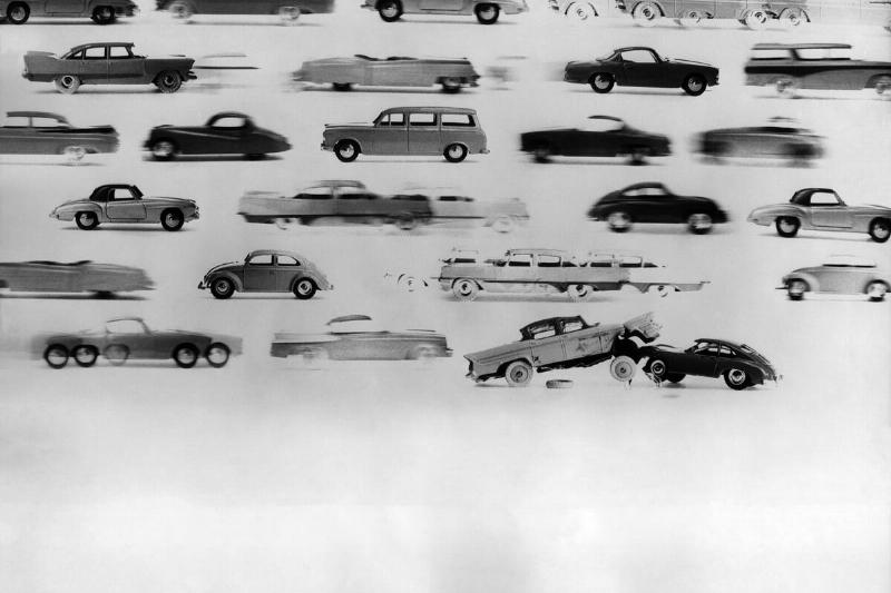 Photo Montage of Toy Cars Crashing in 1960's