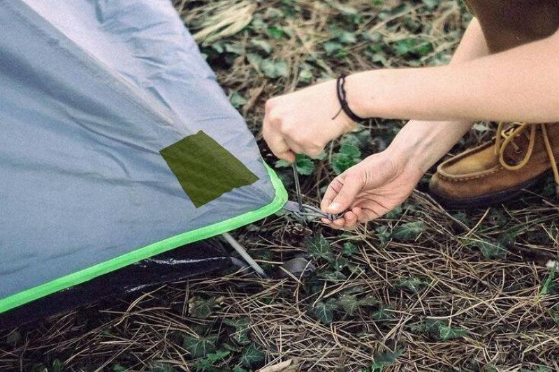 Tent with a patch in the corner. 